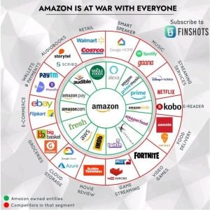 Image "Amazon at War with Everyone" courtesy of FinShots https://finshots.in/infographic/amazon-is-at-war-with-everyone/