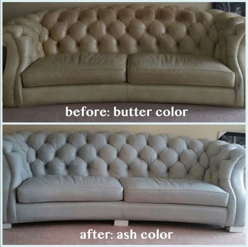 Before and after photo of a leather couch restored with ash color.