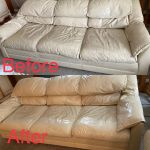 Before-after picture showing leather couch restored with Beige Rub n Restore leather paint