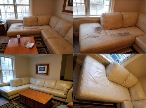 Collage of leather sectional worn by dogs and kids restored with mixture of beige and ivory leather paint