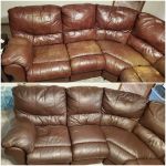 Before-after of brown leather sectional discolored and recolored with Rub n Restore