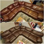 Before-after of mahogany leather sectional discolored and recolored with Rub n Restore