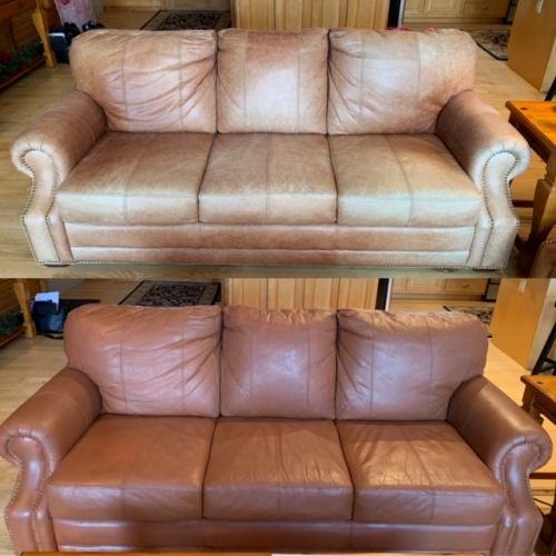 Before-after picture of leather couch restored with Rust Rub n Restore