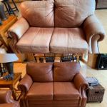 Before-after of leather sofa restored with Rust Rub n Restore leather dye