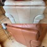 Before-after of sunfaded back of leather chair recolored with Rust Rub n Restore leather dye