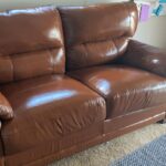 Picture of scratched brown leather couch fixed with Rust RubnRestore and Clear Prep+Finish