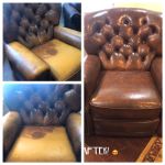 Collage of tufted leather chair before and after Rub n Restore