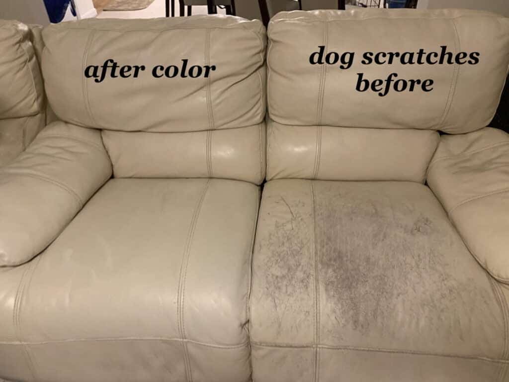 Picture of leather loveseat scratched by dogs and repaired with Rub n Restore